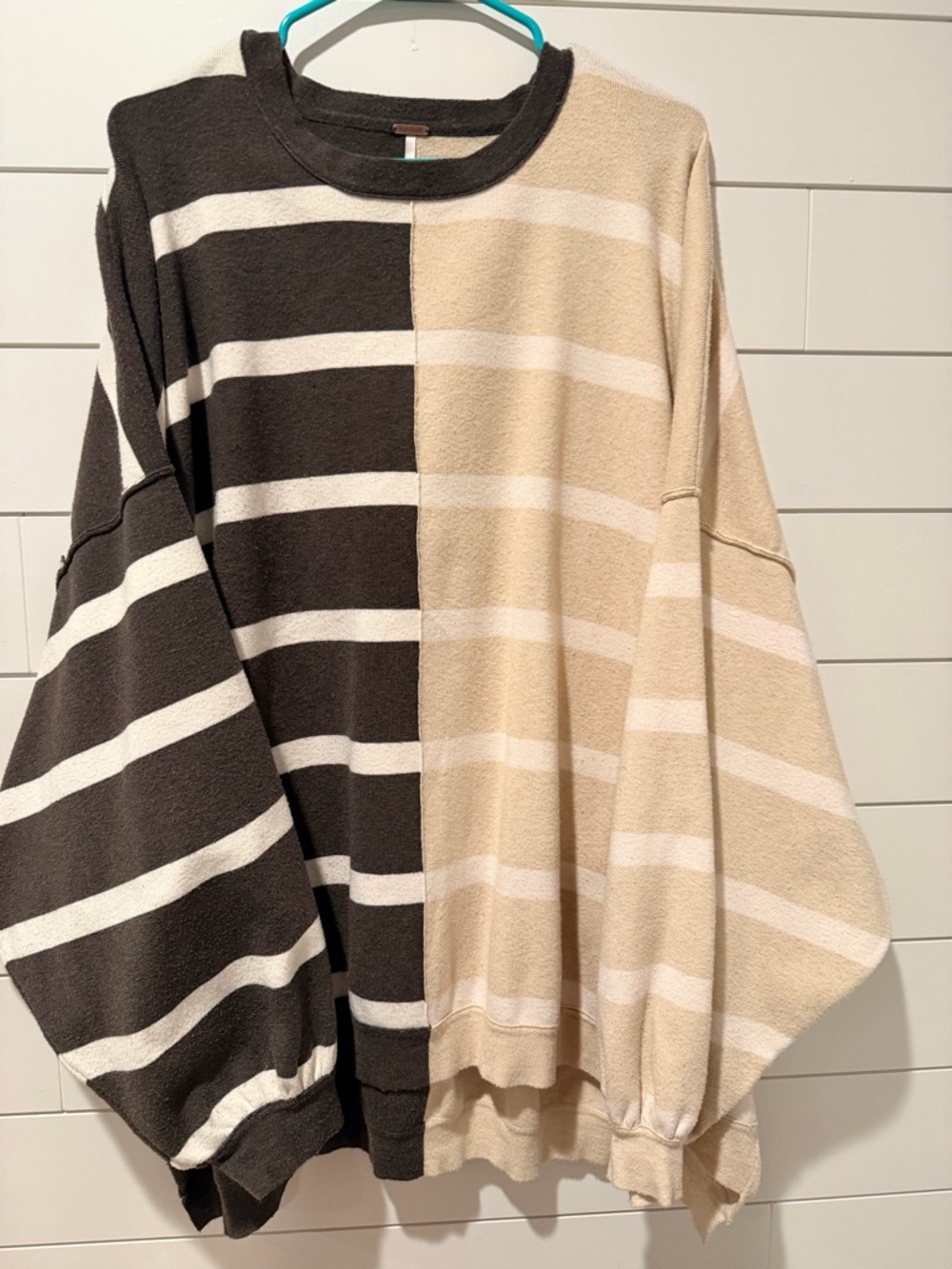Free People Brown and Cream Colorblock Crewneck Sweater